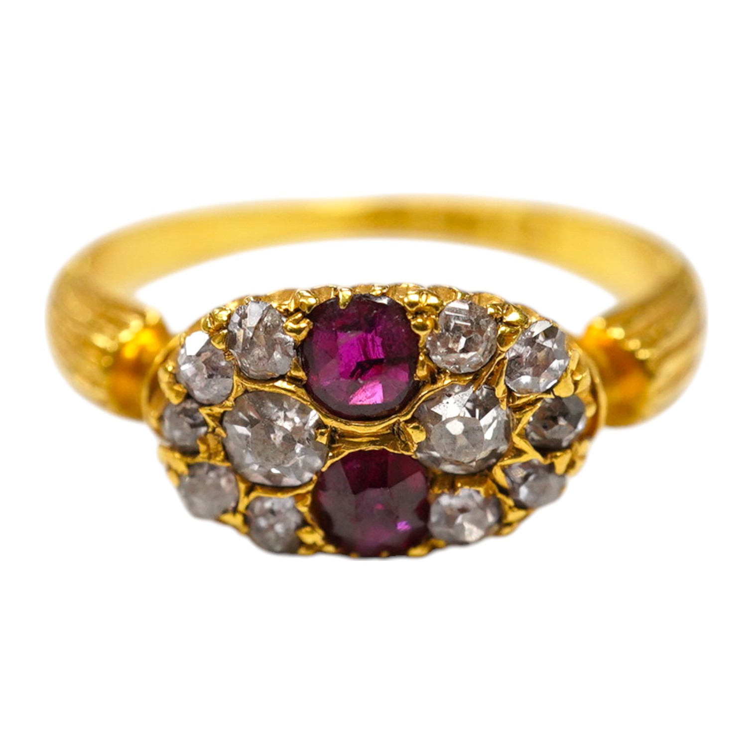 An early 20th century 18ct gold, ruby and diamond cluster ring, size J, gross weight 2.6 grams. Condition - fair